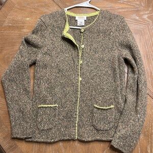 Talbots Green Knit Cardigan with Colored Accents Wool Angora Rabbit Hair